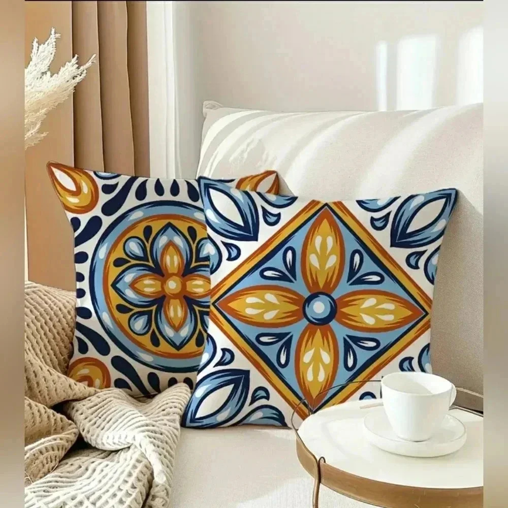 Summer Blue Pillow Covers Geometric Contemporary Gold  Set 2 New